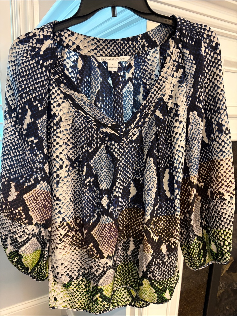 Diane Von Furstenberg Navy, White & Green Snake-Print Blouse